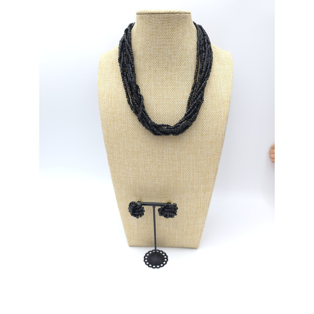 Black Multistrand Beaded Necklace & Earrings Set Acrylic Vtg